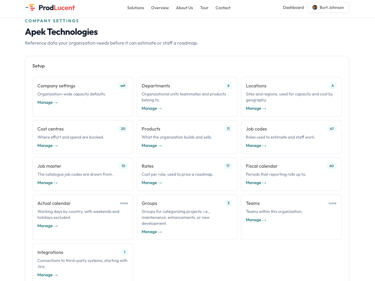 The Company settings page, listing departments, locations, cost centres, products, job codes, rates, calendars, groups, teams and integrations