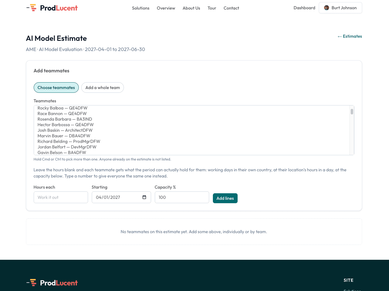 An estimate's Add teammates form, with a choice between picking teammates individually and adding a whole team, and boxes for hours, start date and capacity