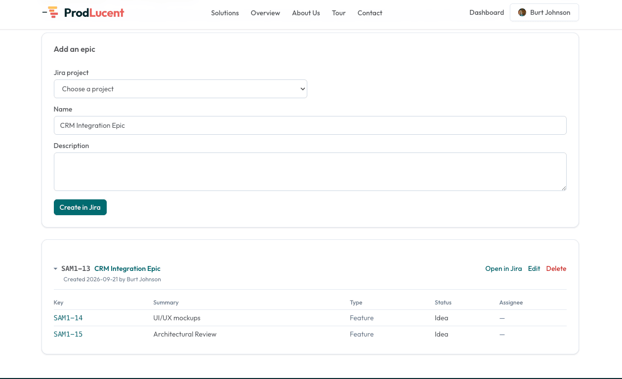 A project's epics in Jira, one opened to show the stories and tasks under it