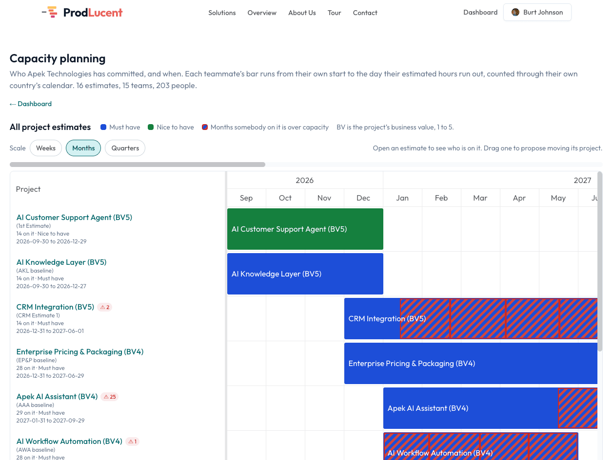 The Capacity planning Gantt: every project estimate as a bar across the months, coloured by priority, with the months somebody on it is over capacity hatched in red
